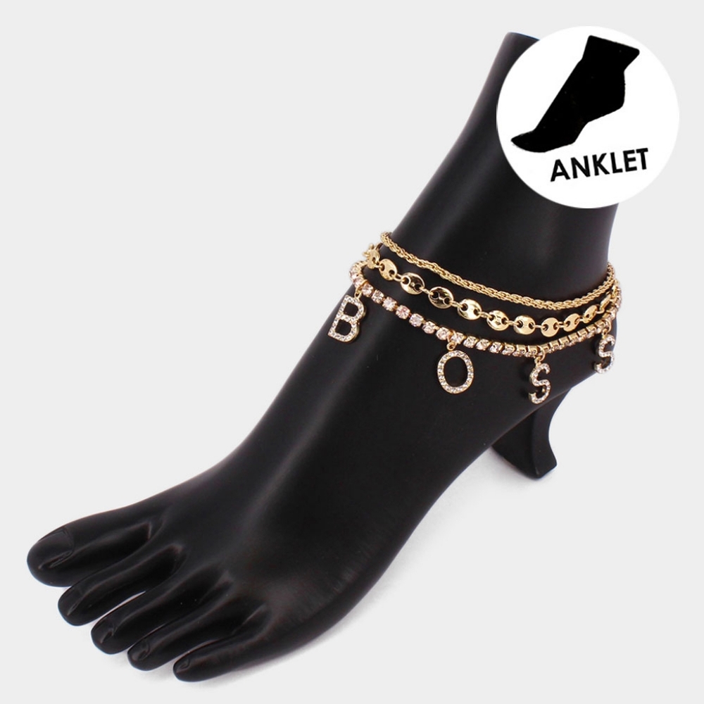 Gold Chain BOSS Dangle Charm Pendant Three Layered Anklet Metal Word Rhinestones